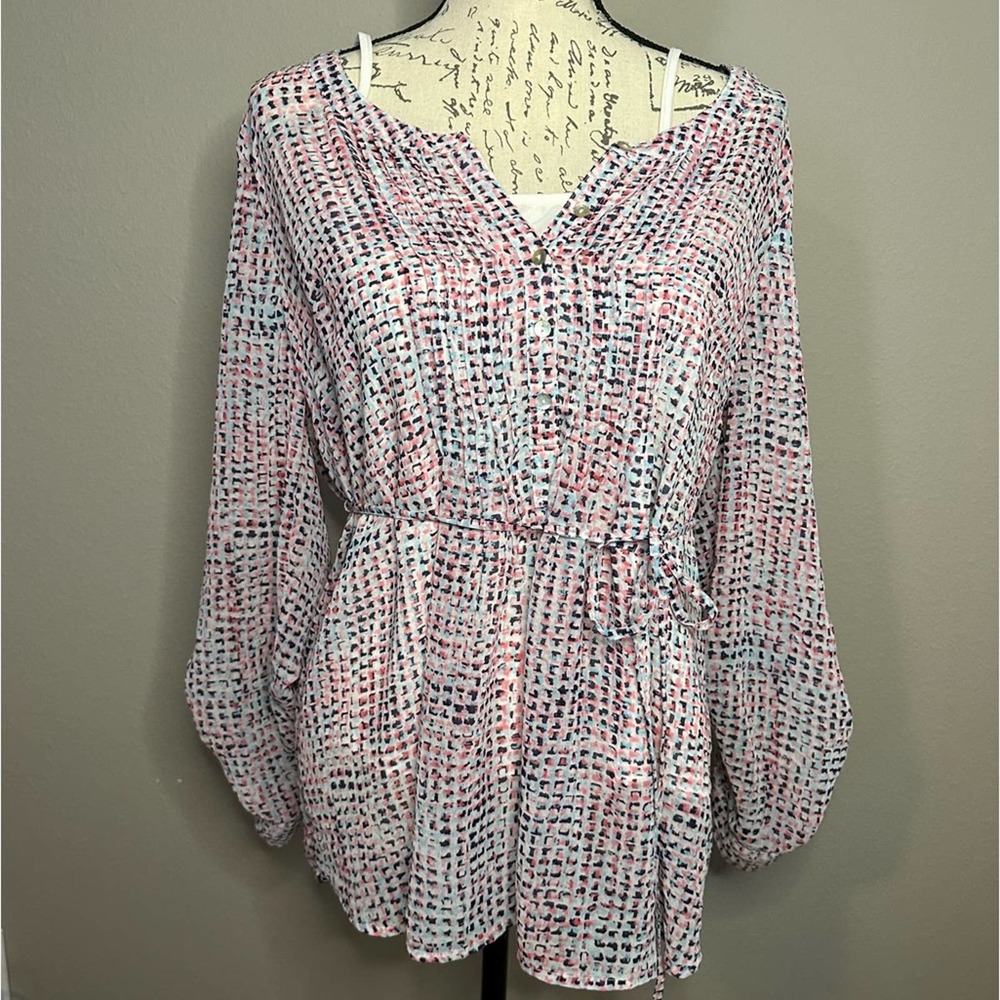 Motherhood Maternity Pink, Blue & White Sheer Top Blouse Size Large